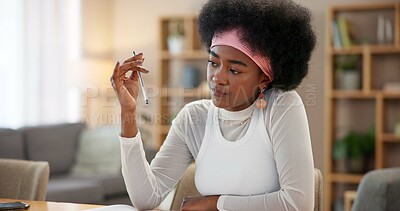 Buy stock photo Thinking, black woman and studying in living room, home and ideas for leaners test and knowledge. House, contemplating and planning for driver exam, student and serious in lounge and ambitious