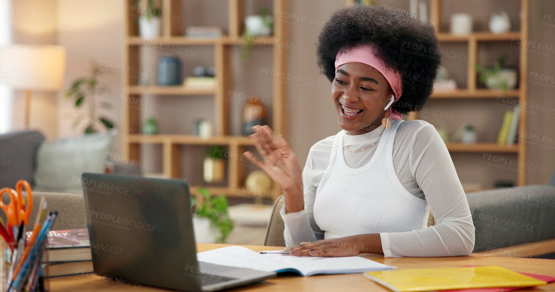 Buy stock photo Video call, black woman and studying in living room, home and laptop for learners test and knowledge. House, talking and planning for driver exam, greeting and student with smile, wave and ambitious