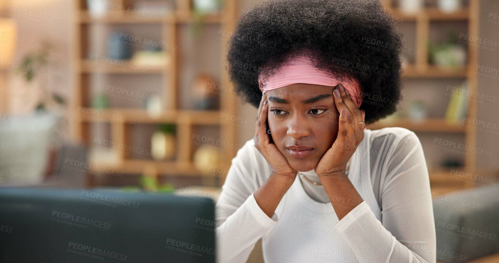 Buy stock photo Education, headache and laptop with black woman student in home study for online class or remote learning. Computer, fatigue or overwhelmed and unhappy person in apartment with anxiety or stress