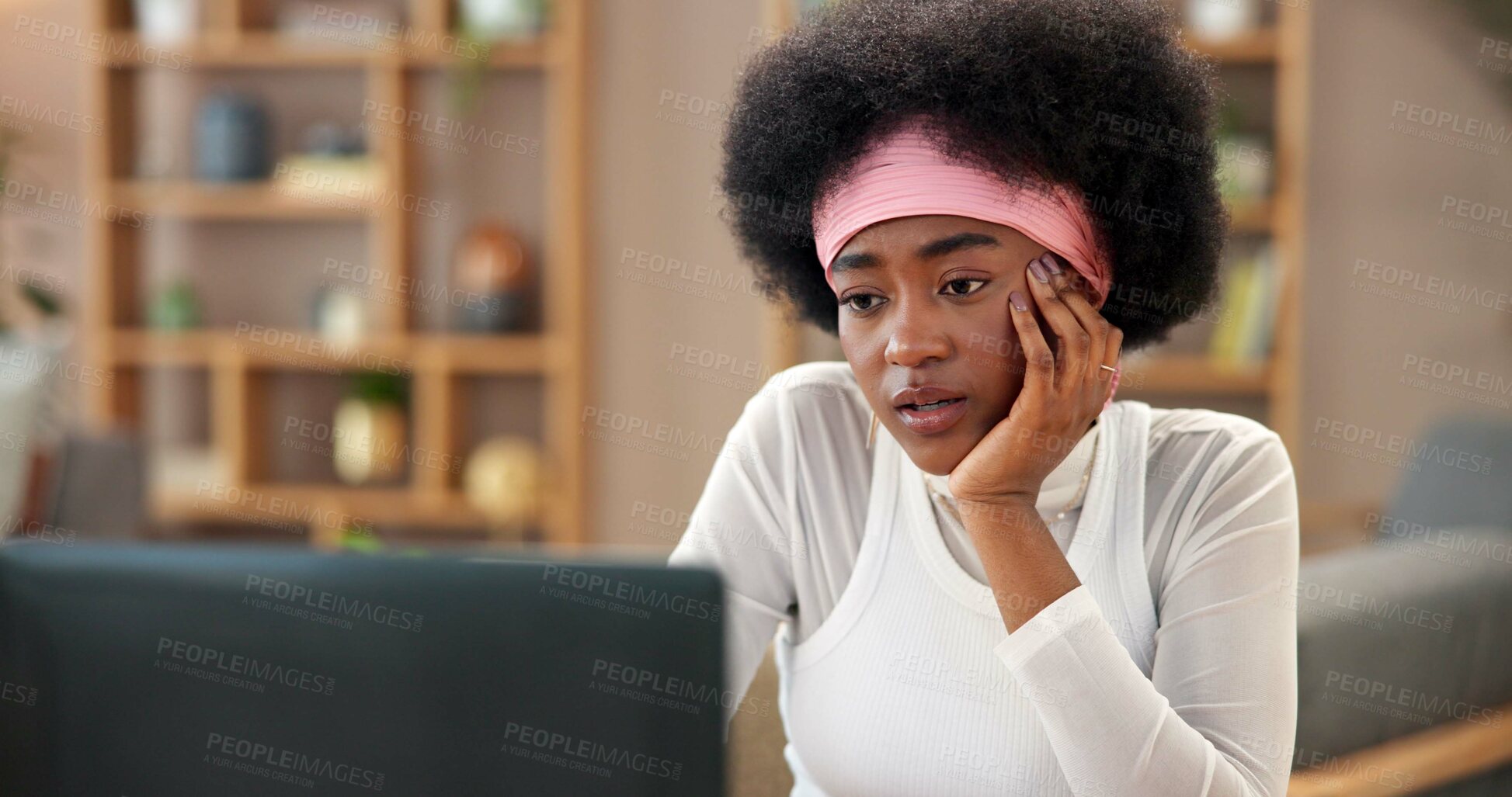 Buy stock photo Education, laptop and problem solving with black woman student in home study for online class or remote learning. Bored, computer and fatigue with person in apartment for assignment or development