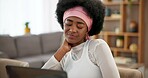 Black woman, student or neck pain in home with stress, burnout or discomfort at tech. Girl, injury or tired in living room with anxiety, backache or massage muscle for relief with tension in studying