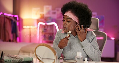 Buy stock photo Face roller, night and skincare with black woman in bedroom for beauty routine, lymphatic drainage and self care. Cosmetics, collagen and product with person at home for facial, detox and dermatology