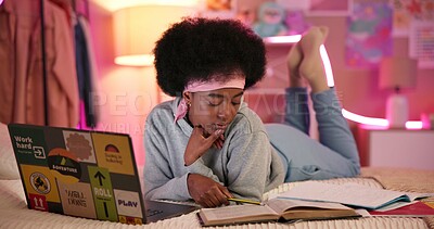 Buy stock photo Black girl, laptop and study in home for research, online course and university project with reading at night. Student, technology and learning on bed for college, education and exam notes with book