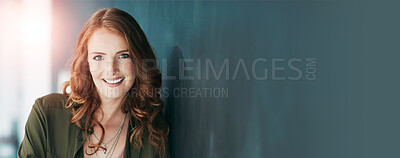 Buy stock photo Portrait of a confident young woman leaning against a blackboard