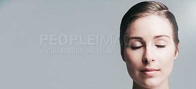 Buy stock photo Woman, relax and studio with skincare on banner for makeup or cosmetics on a gray background. Calm, female person or model with eyes closed for beauty spa, salon or facial treatment on mockup space