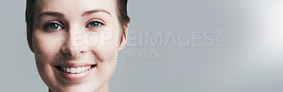 Buy stock photo Happy woman, portrait or banner with teeth in studio for dental hygiene on a white background. Face, female person or model with smile or lens flare for oral health or tooth whitening on mockup space