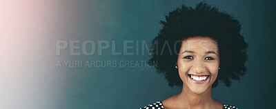 Buy stock photo Face, happy and business woman, designer and entrepreneur in studio with on a blue background mockup space. Portrait, smile and creative professional, black person or manager or startup employer.