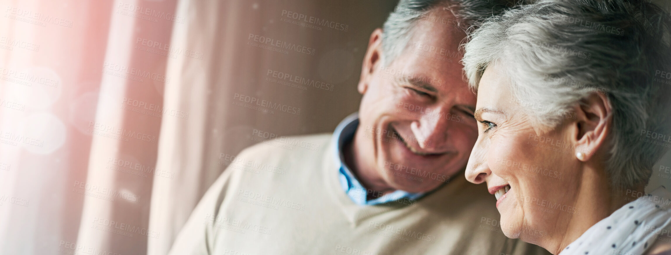 Buy stock photo Senior couple, tea and window in home for relax, love and drink for married man and woman. Living room, house and calm for retired people together, coffee or beverage for romance and peace in Germany