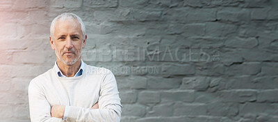 Buy stock photo Portrait, business and mature man with arms crossed, entrepreneur and confident guy against a brick wall. Face, male person and employee with startup success, formal and professional with a career