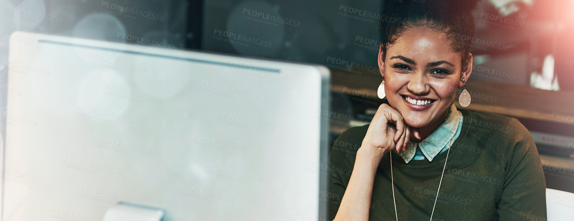 Buy stock photo Portrait of an attractive young woman working on her tablet in the office