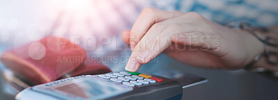 Buy stock photo Machine, hand and credit card for payment, ecommerce and password with client in store. Technology, typing and debit for fintech, startup business and digital banking for person with rfid sale