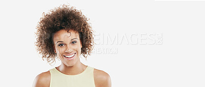 Buy stock photo Black woman, portrait or afro hairstyle in fashion, trendy or cool style branding on isolated white background. Smile, happy person or model in confidence clothes for about us, profile picture or id