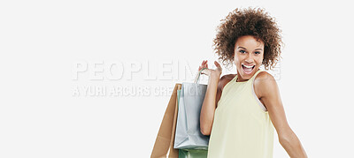 Buy stock photo African woman, excited and shopping bag for retail market, promotion or isolated in white background. Black woman, customer smile and happy boutique purchase, clothes package and happiness in studio