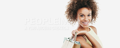 Buy stock photo Retail, portrait and customer shopping and happy with sale or deal isolated against a studio white background. Smiling, joyful black woman holding bags and excited for a fashion giveaway