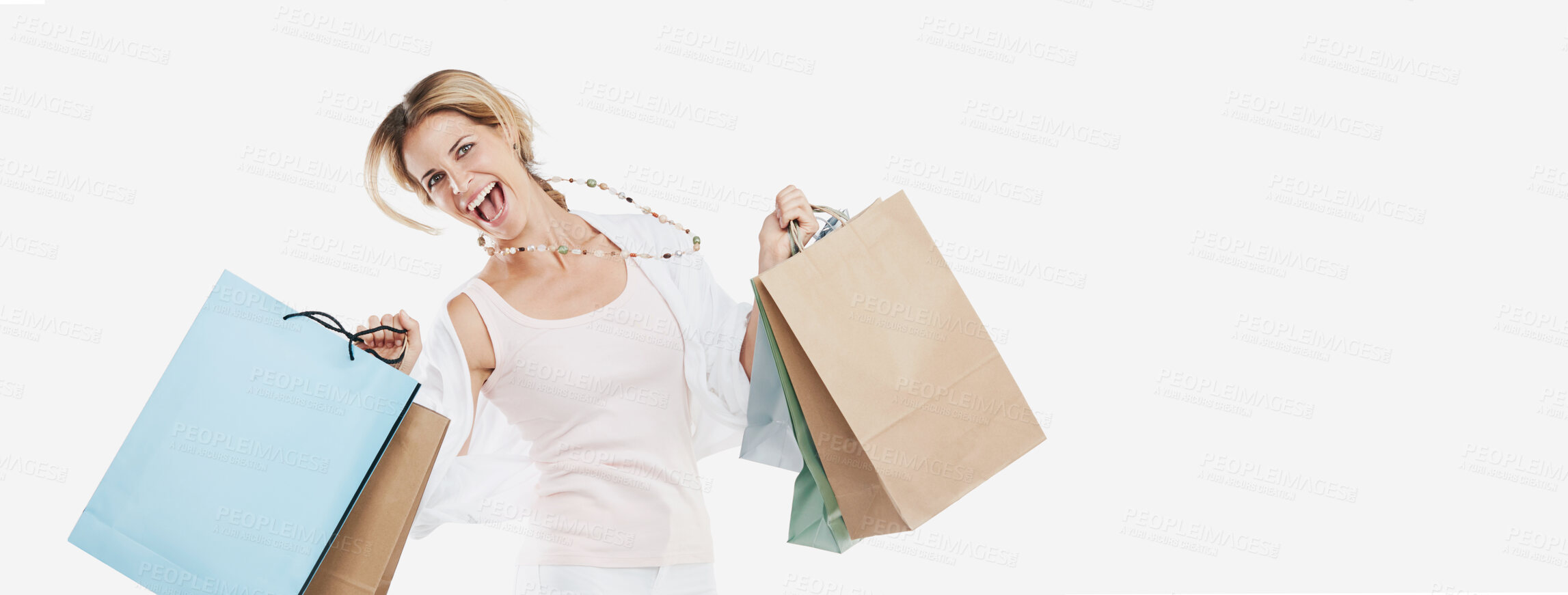 Buy stock photo Woman jump, happy with shopping bag, fashion and retail, shopping and customer isolated on white background. Smile in portrait, luxury designer brand and clothes, paper bag gift and discount sale