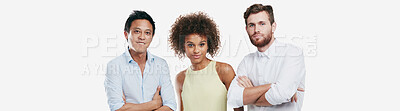 Buy stock photo Business people, portrait or arms crossed on isolated white background in diversity about us, profile picture or ID. Smile, happy or creative men and woman in confidence leadership for global success