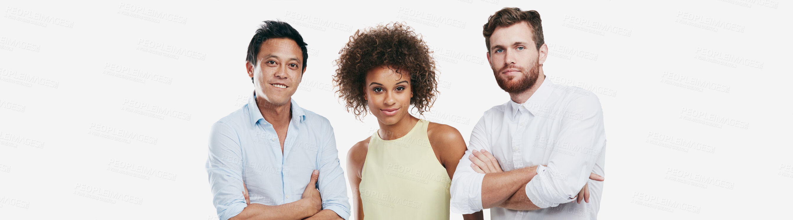 Buy stock photo Business people, portrait or arms crossed on isolated white background in diversity about us, profile picture or ID. Smile, happy or creative men and woman in confidence leadership for global success