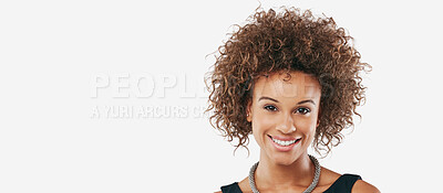 Buy stock photo Business woman and corporate fashion portrait with happy smile in elegant and professional style. Happiness, confidence and proud black woman smiling at isolated studio white background.