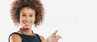 Buy stock photo Happy, proud and corporate black woman portrait with smile in elegant, professional and business fashion. Happiness, confidence and career girl smiling at isolated studio white background.