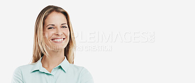 Buy stock photo Shot of a happy woman posing against a white background