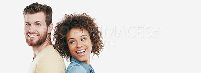 Buy stock photo Care, laugh and couple in studio for love, banner and mockup space for interracial relationship. Smile, woman and man with support, trust and funny portrait on valentines day on white background