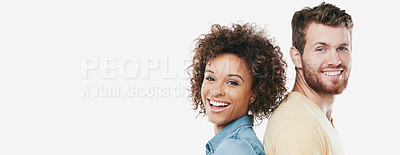 Buy stock photo Studio portrait of an affectionate young couple standing back to back against a white background