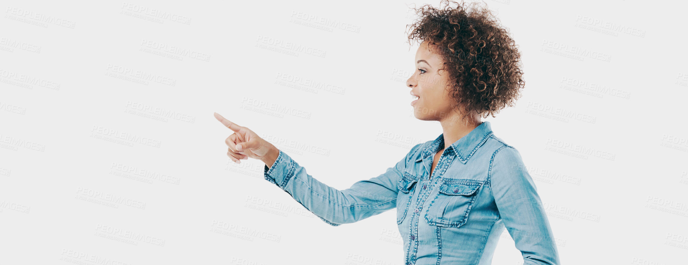 Buy stock photo Woman, mockup and pointing in studio for announcement, presentation or advertising on white background. Gesture to banner, female person and space for promo news, information about us and marketing