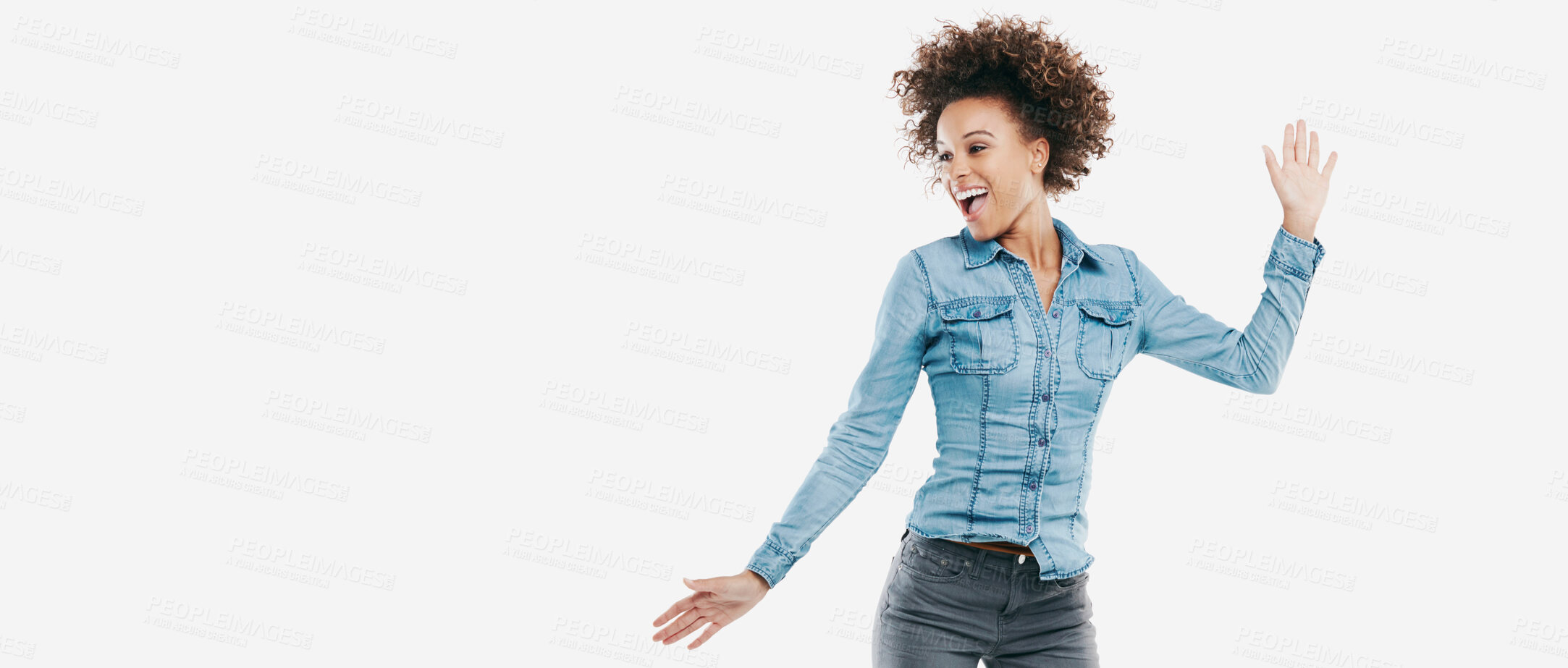 Buy stock photo Dance, happy young black woman jumping and in white background. Energy or positivity, person expressing freedom and isolated African female model jump for joy or excitement in studio backdrop