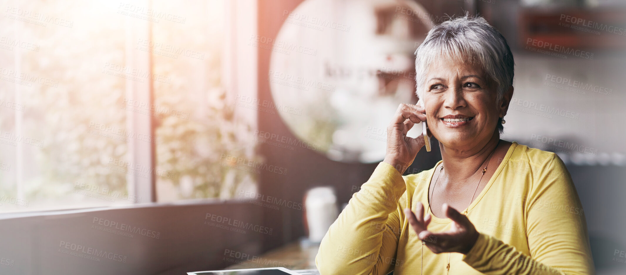 Buy stock photo Phone call communication, cafe and elderly woman speaking on smartphone discussion, conversation or restaurant chat. Networking, coffee shop customer or senior female client talking in retail store