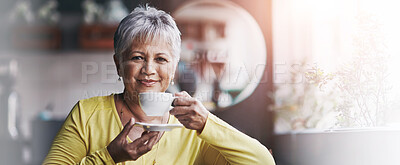 Buy stock photo Portrait, tea and mature woman in coffee shop to relax for break, retirement or weekend free time. Cafe, customer and happy person drinking fresh, warm beverage in restaurant for morning satisfaction