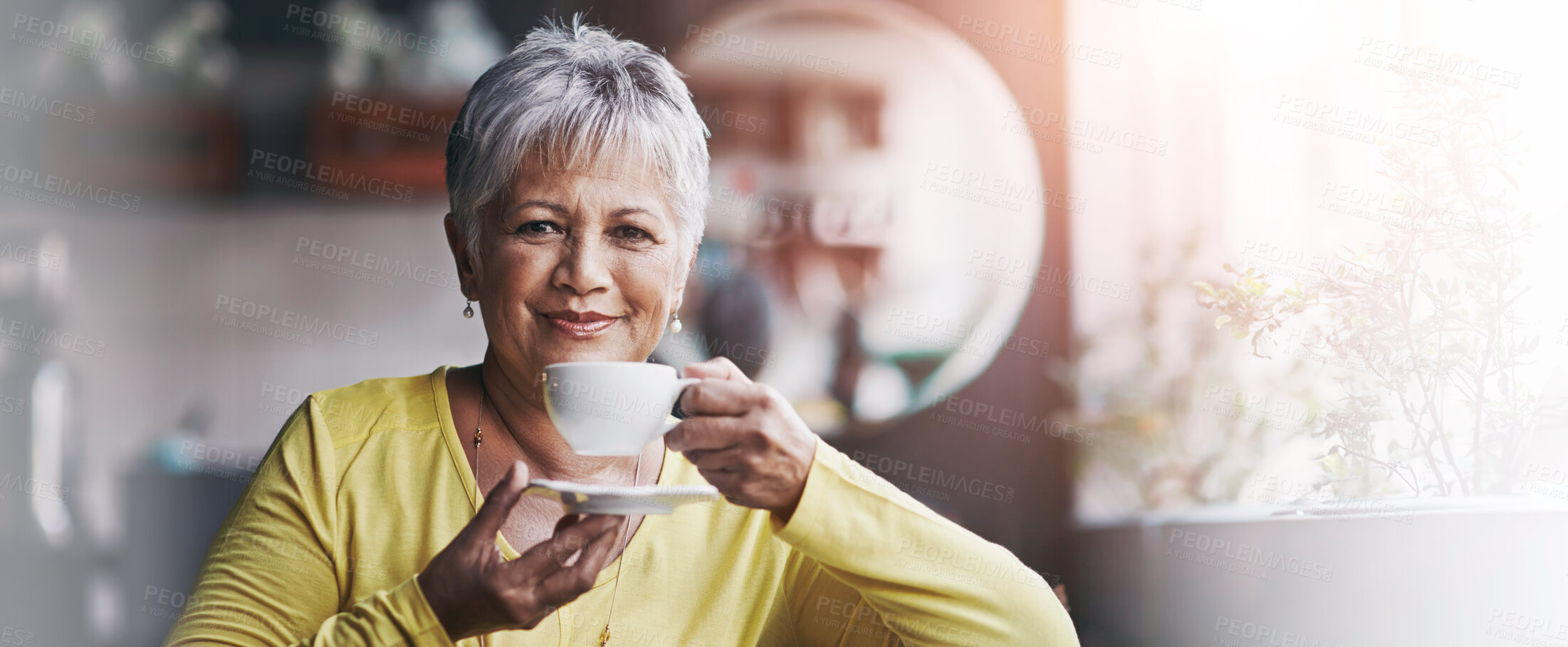 Buy stock photo Portrait, tea and mature woman in coffee shop to relax for break, retirement or weekend free time. Cafe, customer and happy person drinking fresh, warm beverage in restaurant for morning satisfaction