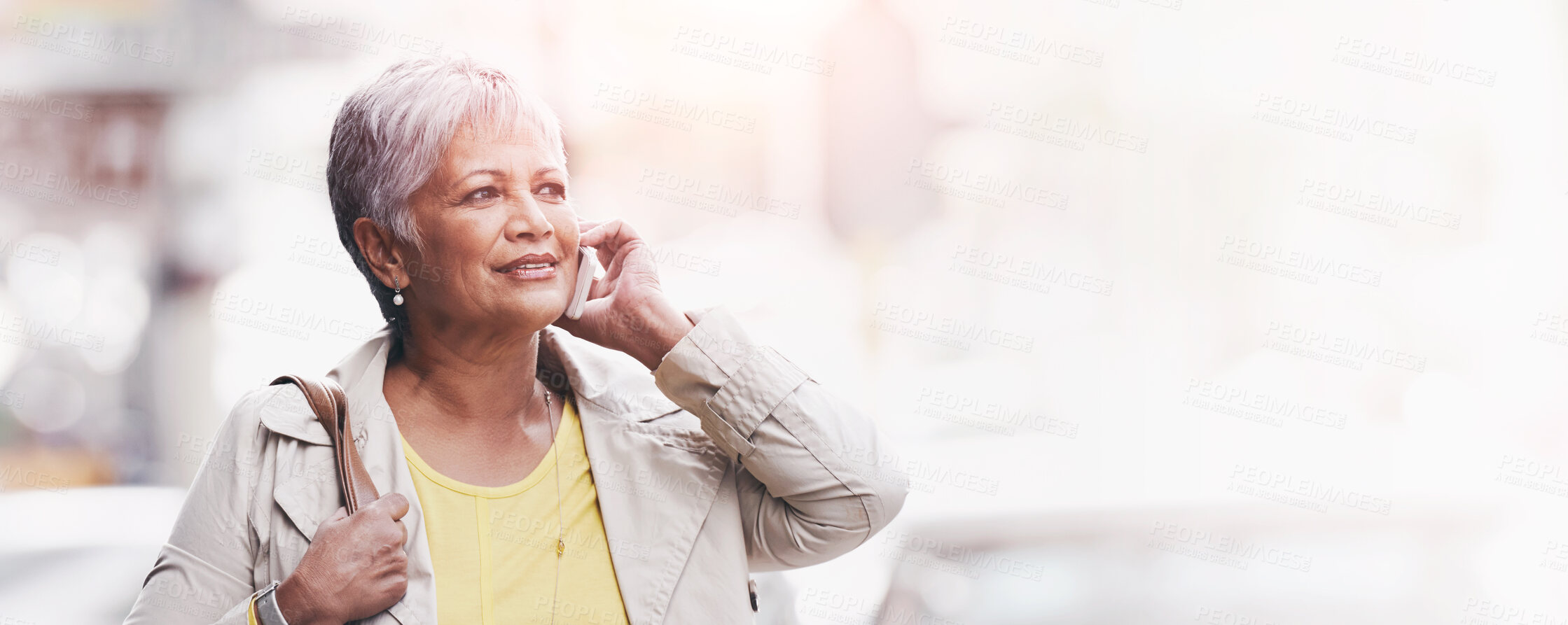 Buy stock photo Phone call, communication and senior woman walk, travel or on urban city commute while talking to cellphone contact. Discussion, conversation and elderly person consulting, speaking or chat on mobile