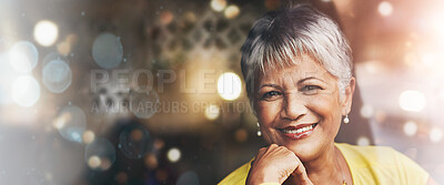 Buy stock photo Senior woman, smile and portrait at cafe for relax, confident and retired with bokeh with confidence. Pensioner or elderly person with happiness and in coffee shop for customer and break on mockup