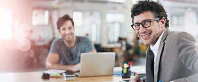 Buy stock photo Creative man and happy portrait of coworking in office with team and planning project with notes on desk. Mature, employee and productivity in collaboration, cooperation or writing ideas in schedule