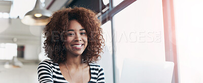 Buy stock photo Portrait, laptop and smile of business woman at table in office for creative career or job in startup. Face, computer and African professional entrepreneur, employee or happy copywriter for research