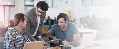 Buy stock photo Colleagues, talking and digital with tablet at office desk for meeting to review business strategy for project research. Teamwork, people and together on laptop in workplace for financial planning 