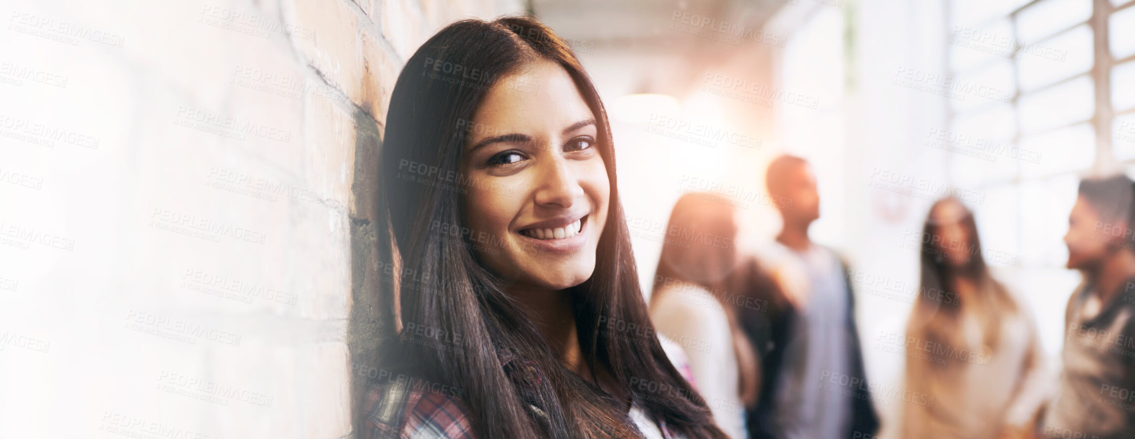 Buy stock photo Education, happy and portrait of woman in college hallway for studying, learning and scholarship. Future, happy and knowledge with student leaning against wall for university, relax and campus