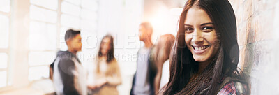 Buy stock photo Learning, smile and portrait of woman in college hallway for studying, education and scholarship. Future, happy and knowledge with student leaning on brick wall for university, break on campus