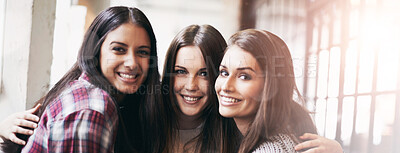 Buy stock photo University, friends and portrait of women hug on campus for studying, education and learning together. Friendship, scholarship and happy female students smile in school, academy and college hallway