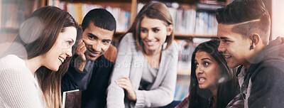 Buy stock photo Group, students or brainstorming for project in library or diversity for knowledge in university. Friends, learning or collaboration for assignment or writing in books for problem solving in college