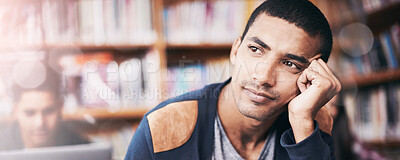 Buy stock photo Young man, student and thinking of education in library and knowledge for exam in university. Scholarship, idea and learner with plan for assignment and college project by laptop for problem solving