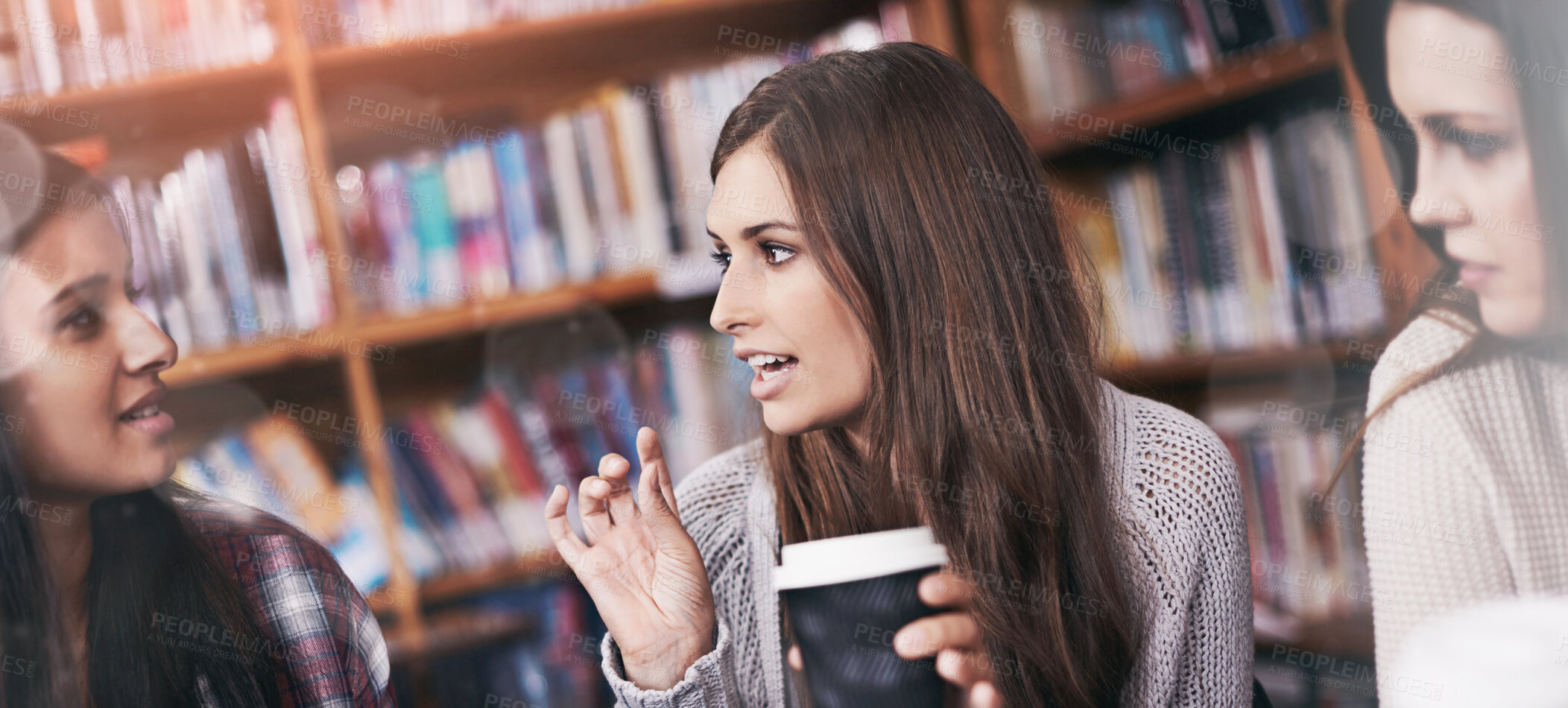 Buy stock photo Women, students and coffee break for project in library and relax for knowledge in university. Friends, learning or collaboration for assignment or drinking warm cocoa for problem solving in college