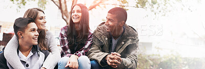 Buy stock photo University, happy and friends on campus stairs in conversation, talking and chatting outdoors. Diversity, education and happy men and women students for social bonding on school, academy and college