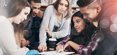 Buy stock photo Group, students or brainstorming for education in library or diversity for knowledge in university. Friends, learning and teamwork for assignment and writing in books for problem solving in college