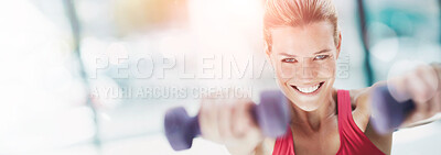 Buy stock photo Cropped portrait of an attractive young woman working out with dumbbells