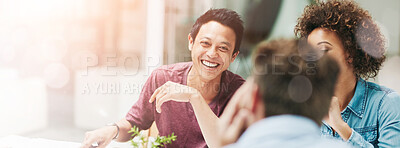 Buy stock photo Laugh, business and man with staff, conversation and planning for a new project, brainstorming and development. Male manager, employees or group with ideas, profit growth and creativity in the office