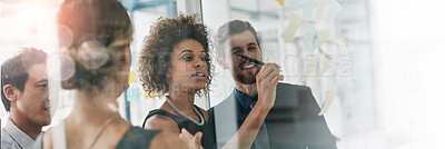 Buy stock photo Glass wall, planning and business people with review, ideas and editing team in meeting. Group, employees and manager with staff, diversity and cooperation for sales, journalist and collaboration