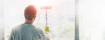 Buy stock photo Janitor, cleaning and window scraper in hand for washing glass, housework and disinfect with shine. Male person, hygiene or sanitary services for health care, maintenance or hospitality professional