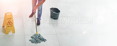 Buy stock photo Man, janitor and mopping office for cleaning job or hygiene with caution sign with water, soap or bacteria. Male person, disinfection and corporate building as service for dirty, wellness or labor