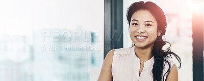 Buy stock photo Portrait of a smiling young businesswoman reading paperwork while sitting in an office